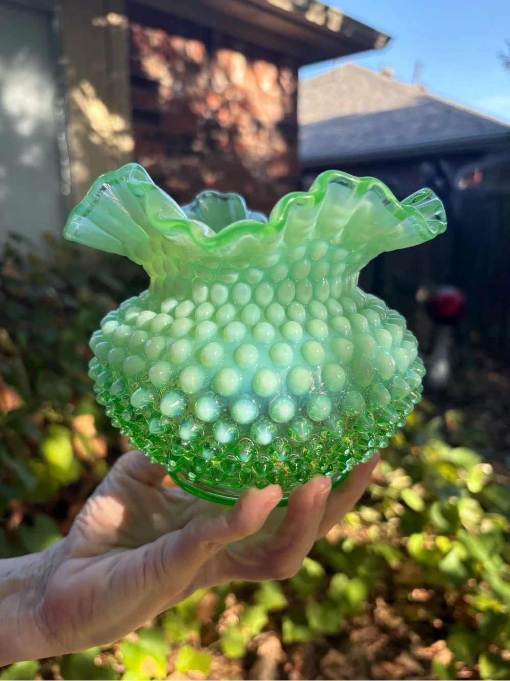 Fenton Rose Bowl Lime Green Opalescent Hobnail Glows!